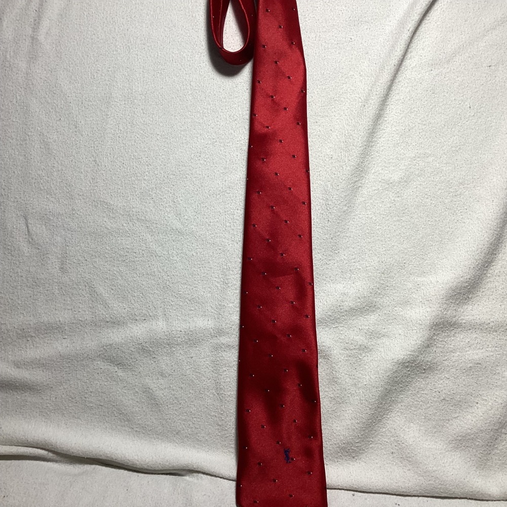 Yves Saint Laurent Mens Red Silk Micro Dot YSL Logo Classic Necktie Designer